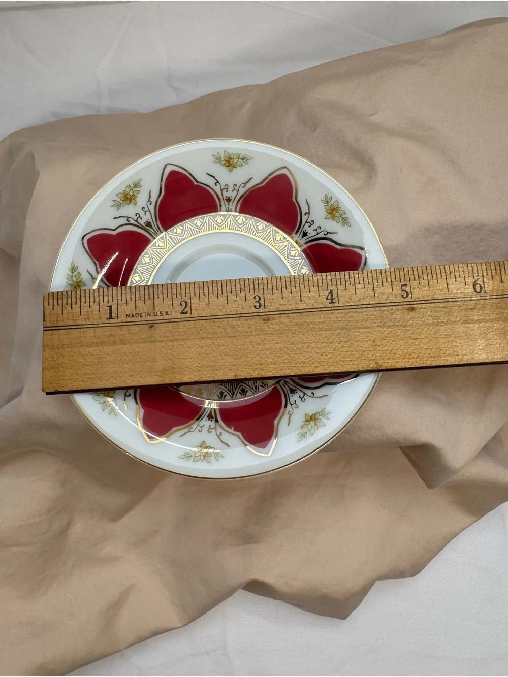 Vintage Red Gold Tea Cup and Saucer Geometric Floral, Ucagco Japan, Excellent